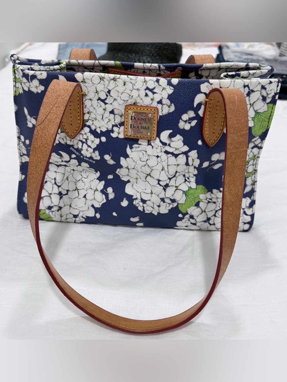 Dooney & Bourke Navy Floral Hydrangea Tote with Tan Leather Trim